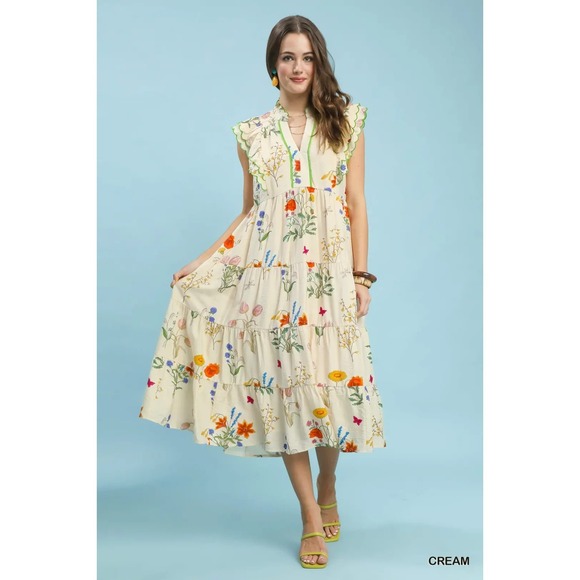 Umgee Dresses & Skirts - Umgee Floral Ruffle Tiered Midi Dress with Scalloped Detail - Medium